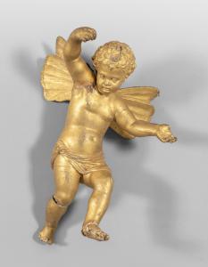Sculpture depicting a winged putto, made of finely carved and gilded wood, 18th century